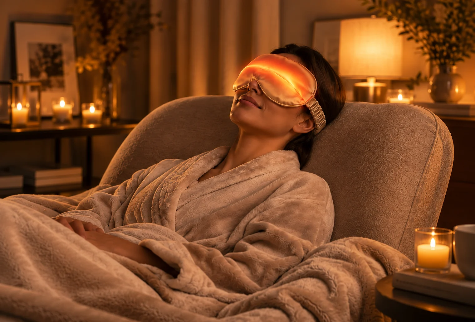 Woman relaxing with a heated eye mask